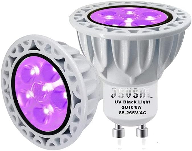 JSVSAL LED Black Light Bulbs,MR16 GU10 Base,AC 85-265V 6W,UVA Level 395-400nm, Glow in The Dark for Blacklight Party,Stage Lighting,DJ Dance Party,Holiday Decorations,2 Pack - Image 1